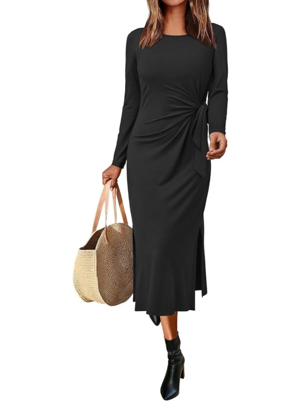 Women's Black Casual Long Sleeve Crewneck T Shirt Maxi Dress Tie Waist Slit
